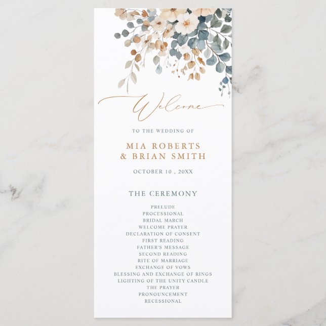 Soft Mute Earthy Tone Floral Water Wedding Programm (Vorderseite)