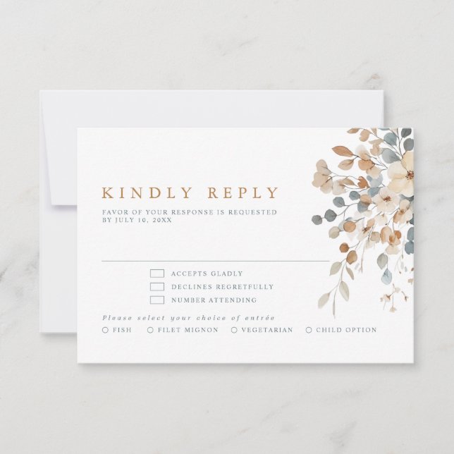 Soft Mute Earthy Tone Floral Water Wedding RSVP Karte (Vorderseite)