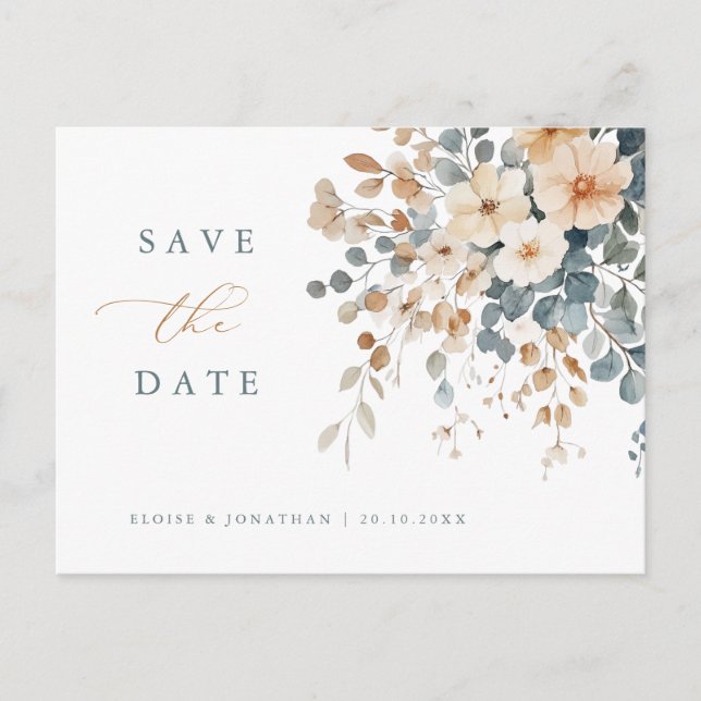 Soft Mute Erthy Tone Save the Date floral Postkarte (Vorderseite)