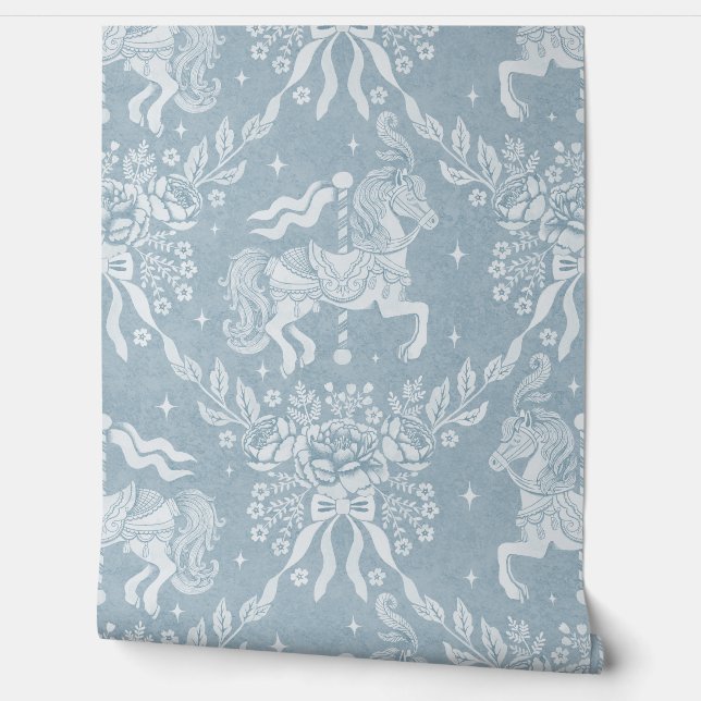 Soft Muted Blue Rococo Carousel Horses & Florals Tapete (Abrollen)