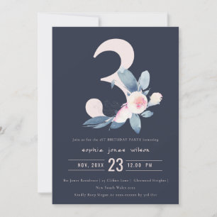 SOFT NAVY BLUSH BLUE FLORAL 3RD ALTER GEBURTSTAG EINLADUNG