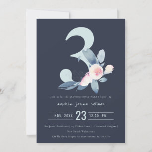 SOFT NAVY BLUSH BLUE FLORAL 3RD ALTER GEBURTSTAG EINLADUNG