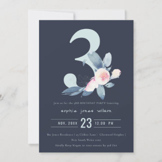 SOFT NAVY BLUSH BLUE FLORAL 3RD ALTER GEBURTSTAG EINLADUNG