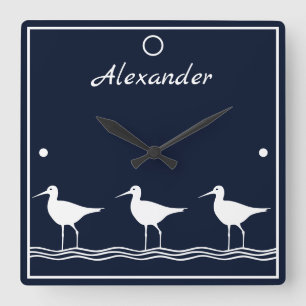 soft navy  Sand Pipers on  white  PILLOW Quadratische Wanduhr