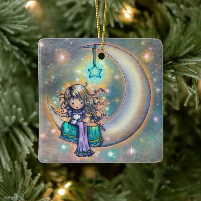 Soft Night Little Girl and Kittens on Moon Keramikornament (Baum)