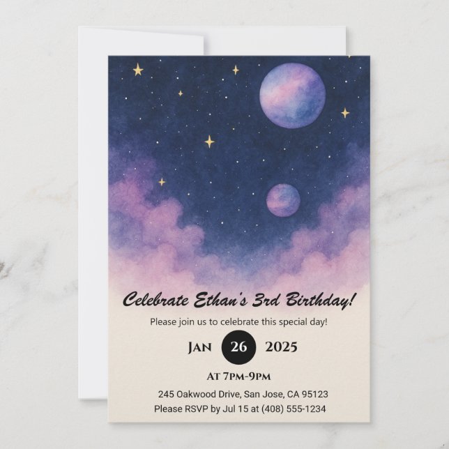 Soft Night Sky with Planets and Clouds Birthday  Einladung (Vorderseite)