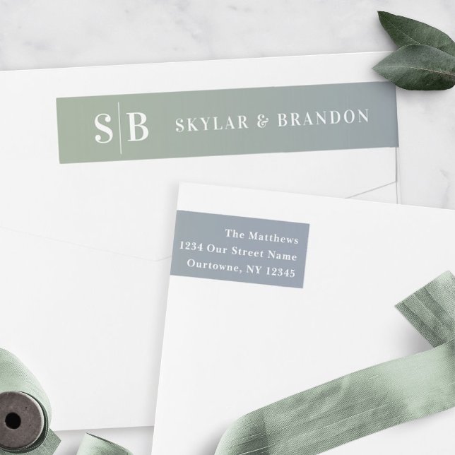 Soft Ombre Dusty Blue & Green Wedding Mit Monogram (Von Creator hochgeladen)