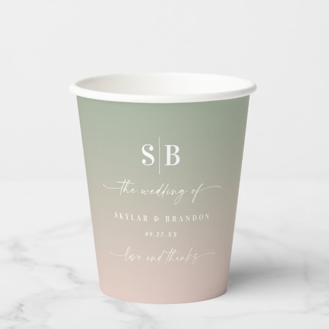 Soft Ombre Leaf Green Blush Pink Wedgram Pappbecher (Vorderseite)
