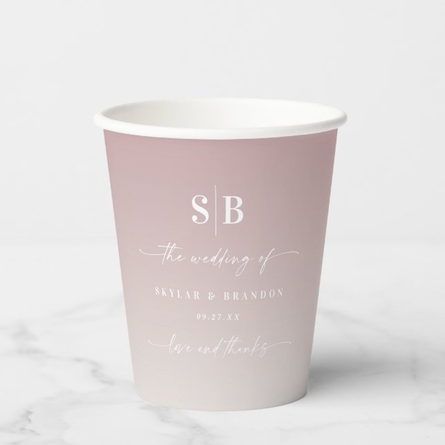 Soft Ombre Mauve Pink & Gardenia Wedding Monogram Pappbecher (Vorderseite)