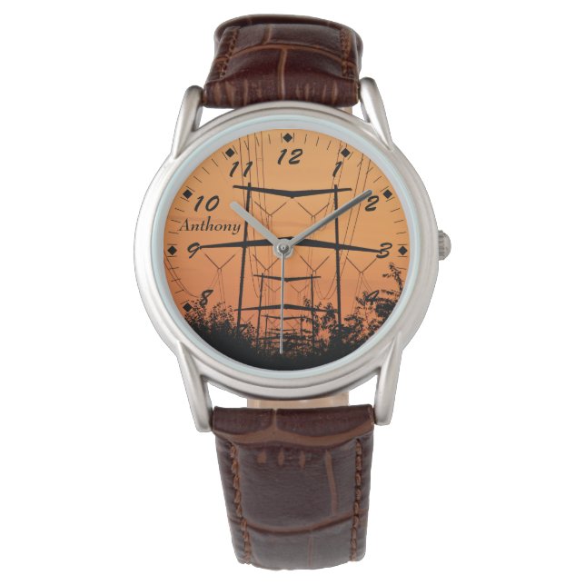 Soft orangefarbener Sonnenuntergang über Hochspann Armbanduhr (Vorderseite)