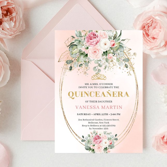 Soft Pale Pink Floral Bohemian Quinceañera Invite Einladung (Soft Pale Pink Floral Bohemian Quinceañera Invitation)