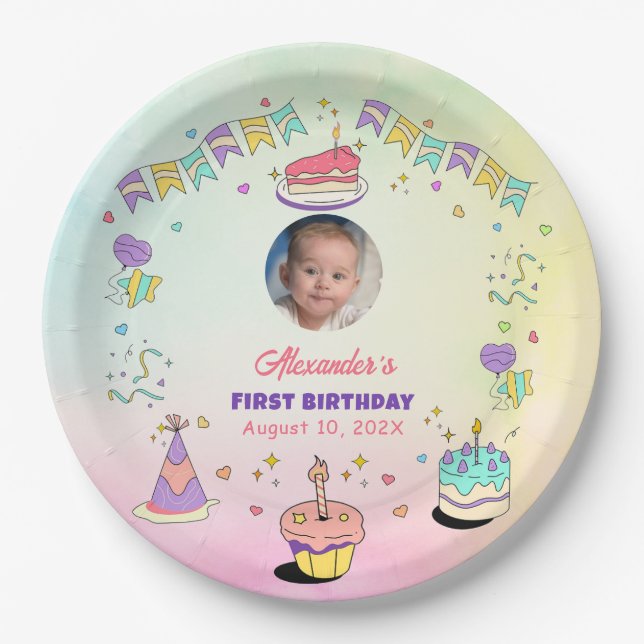 Soft Pastel Baby Boy 1st Birthday Photo Plates Pappteller (Vorderseite)