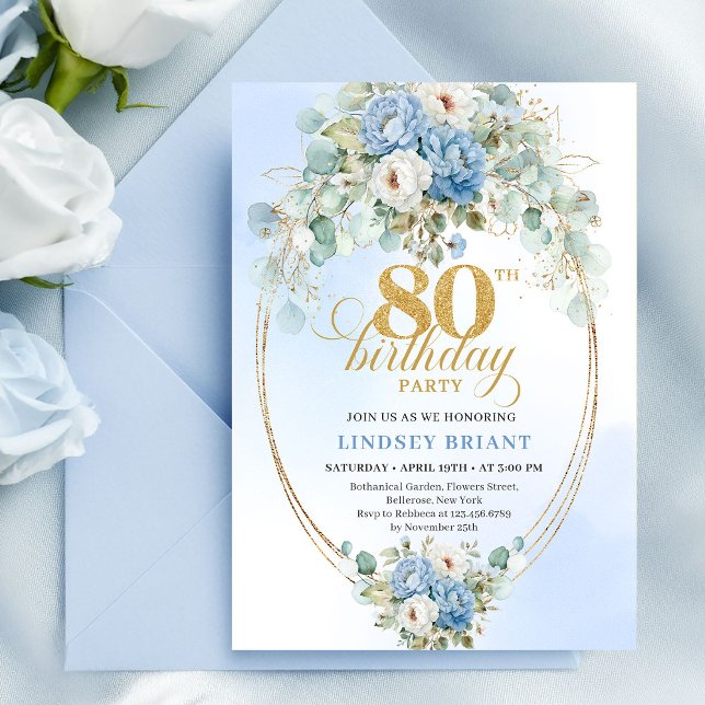 Soft Pastel Blue Floral Eucalyptus 80th Birthday  Einladung (Soft Pastel Blue Floral Eucalyptus 80th Birthday Invite)