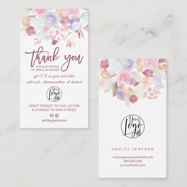 Soft pastel floral Skript-Logo-Bestellung Vielen D Visitenkarte (Vorne/Hinten)