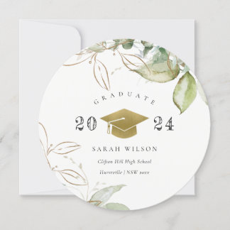 Soft Pastel Gold Green Foliage Graduation Cap Einladung