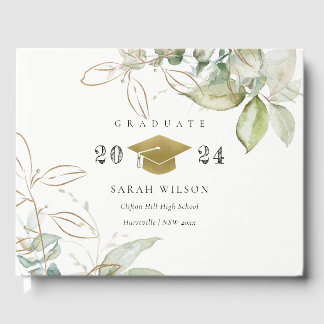 Soft Pastel Gold Green Foliage Graduation Cap Gästebuch