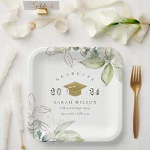 Soft Pastel Gold Green Foliage Graduation Cap Pappteller