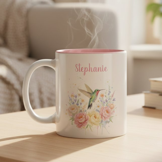 Soft Pastel Hummingbird Floral Zweifarbige Tasse (Floral Hummingbird Pesonalized pink coffee mug)