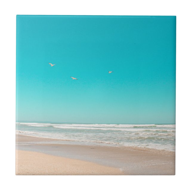 Soft Pastel Ocean Sandy Beach Sky Flying Seagulls Fliese (Vorderseite)