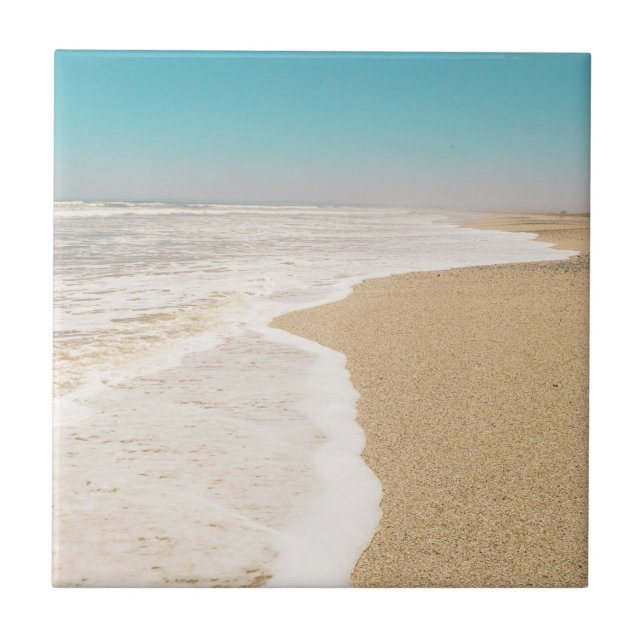 Soft Pastel Ocean Sandy Beach Sky Waves Foam Fliese (Vorderseite)