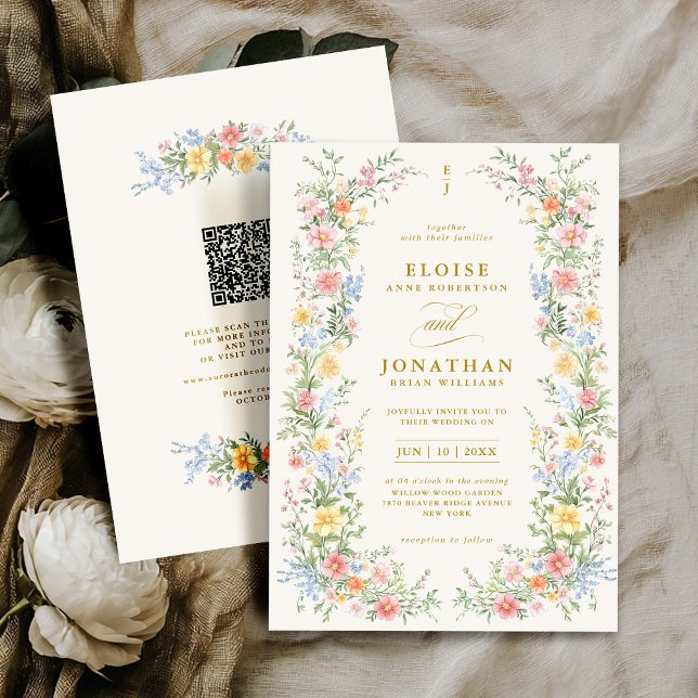 Soft Pastel Ornate Spring Floral QR Code Wedding Einladung (Soft Pastel Ornate Spring Floral QR Code Wedding Invitation)