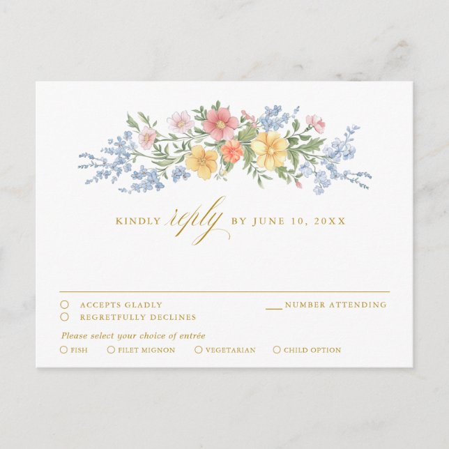 Soft Pastel Ornate Spring Garden Floral gold RSVP Postkarte (Vorderseite)