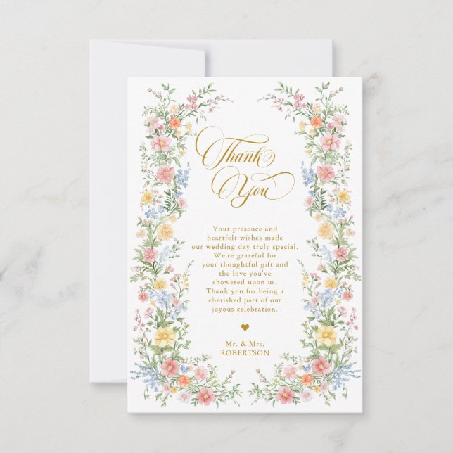 Soft Pastel Ornate Spring Garden Gold Wedding Dankeskarte (Vorderseite)