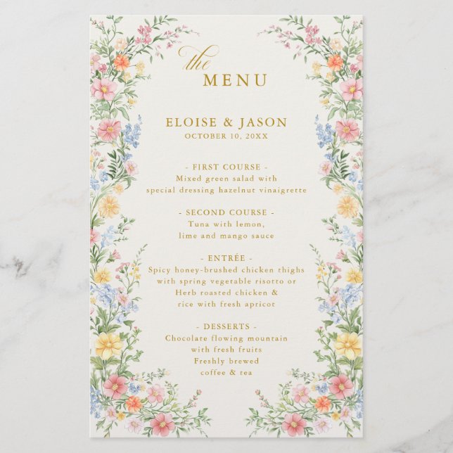 Soft Pastel Ornate Spring Garden Gold Wedding Menu (Vorderseite)