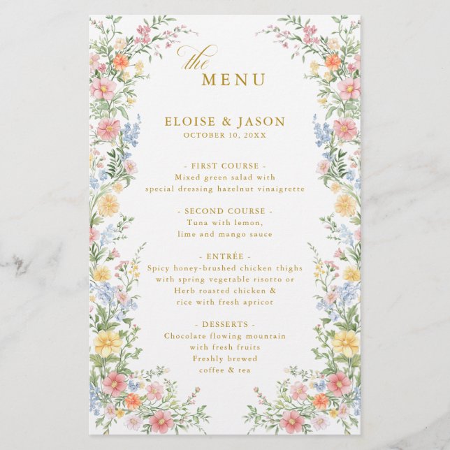Soft Pastel Ornate Spring Garden Gold Wedding Menu (Vorderseite)