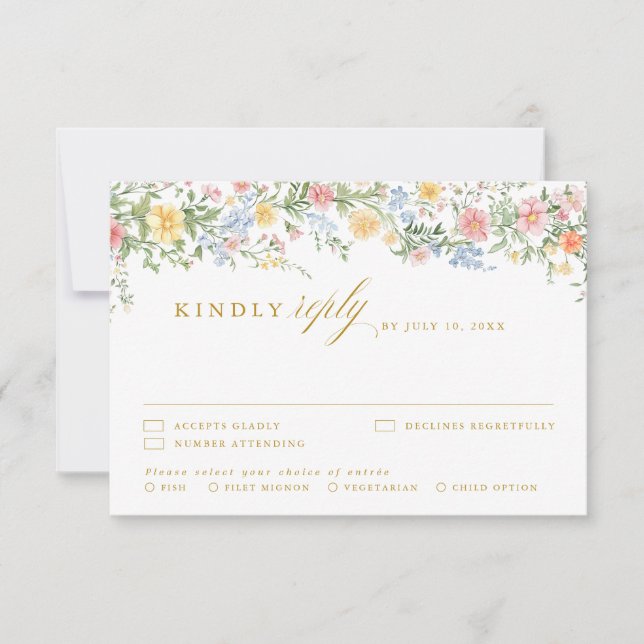 Soft Pastel Ornate Spring Garden Gold Wedding RSVP Karte (Vorderseite)