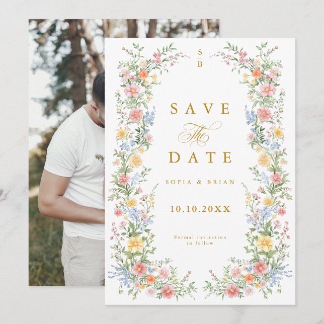 Soft Pastel Ornate Spring Garden Gold Wedding Save The Date (Vorne/Hinten)