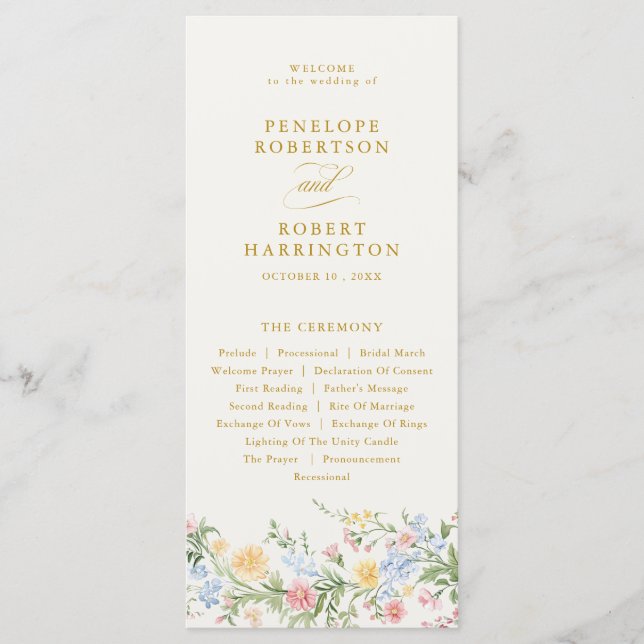 Soft Pastel Ornate Spring Gold Floral Wedding Programm (Vorderseite)