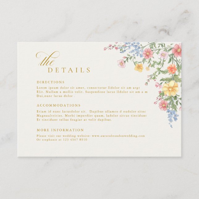 Soft Pastel Ornate Spring Gold Wedding Details Begleitkarte (Vorderseite)