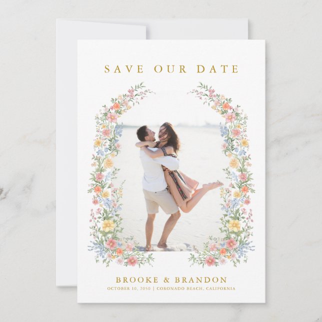 Soft Pastel Ornate Spring Gold Wedding Photo Save The Date (Vorderseite)