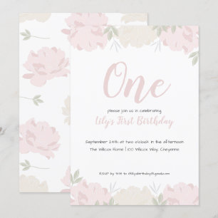 Soft Pastel Peonies Baby Girl's 1. Geburtstag Part Einladung