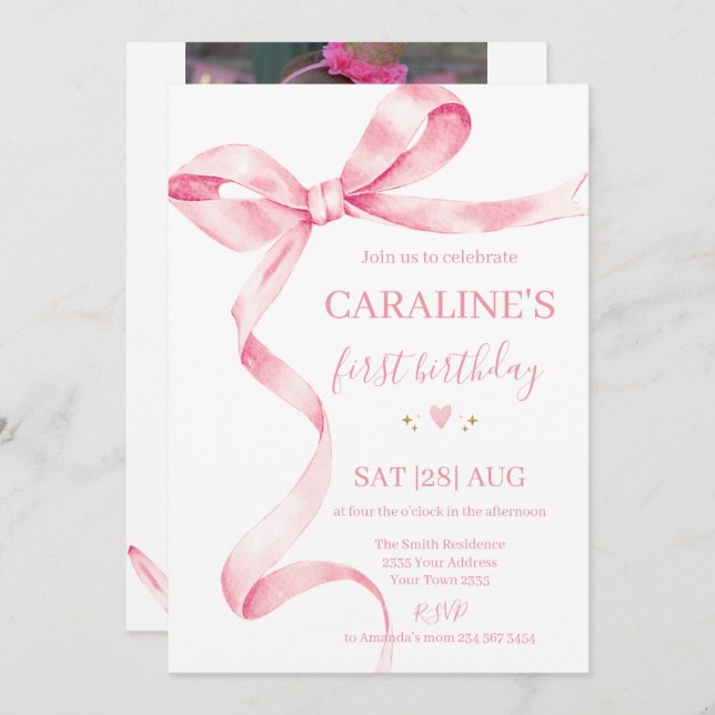 Soft Pastel Pink Bow 1st Birthday  Einladung (Vorne/Hinten)