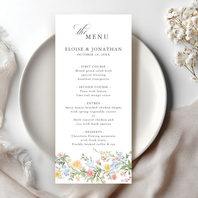 Soft Pastel Verziert Spring Garden Blumenzehen Menükarte (Soft Pastel Ornate Spring Garden Floral Wedding Menu)