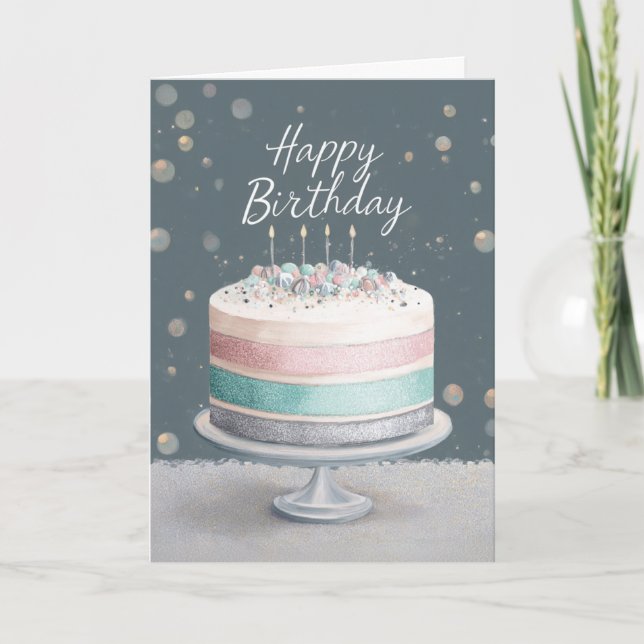 Soft Pastels Pink, Teal & Silver Birthday Cake Karte (Vorderseite)