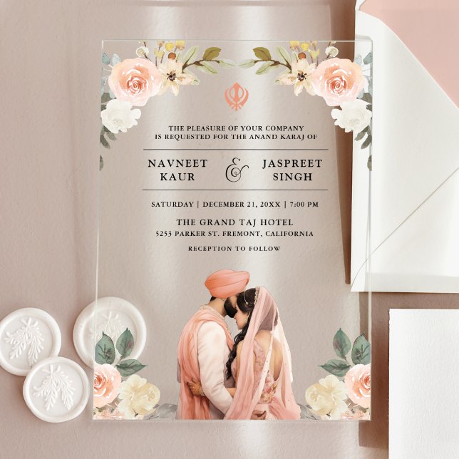 Soft Peach Floral Anand Karaj Indian Sikh Wedding Acryleinladungen (Von Creator hochgeladen)