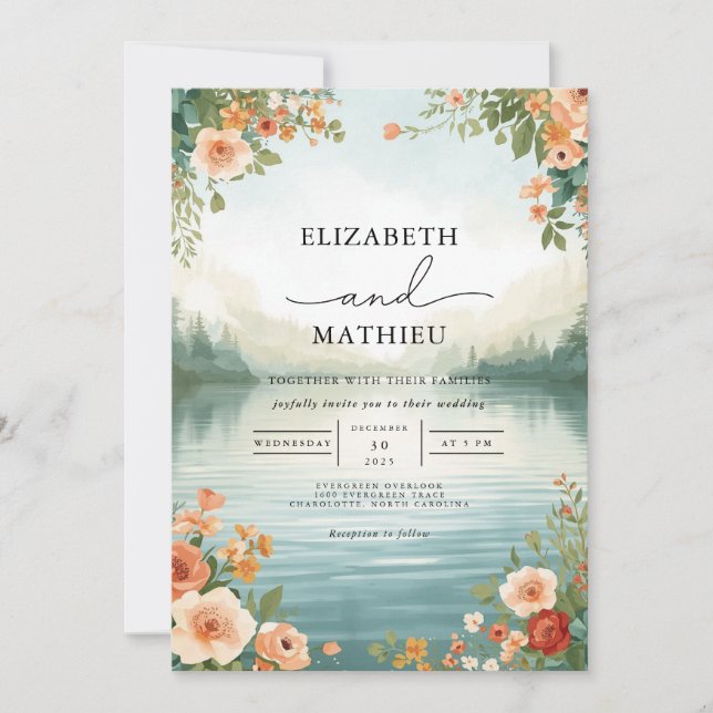 Soft Peach Floral Lakeside Hochzeit Einladung (Vorderseite)