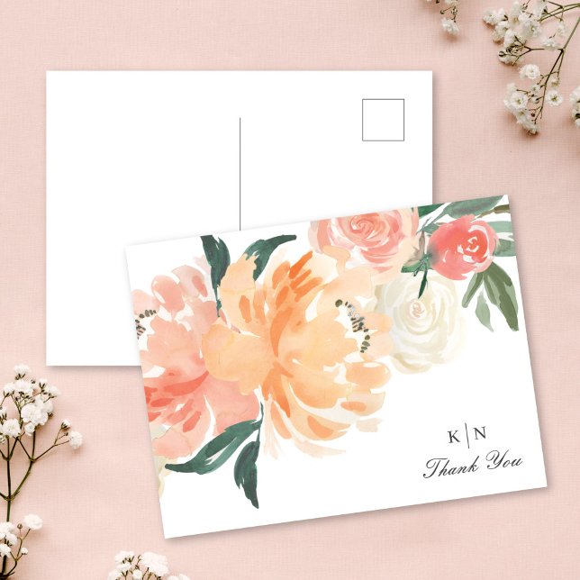 Soft Peach Floral Monogram Wedding Vielen Dank Postkarte (Von Creator hochgeladen)