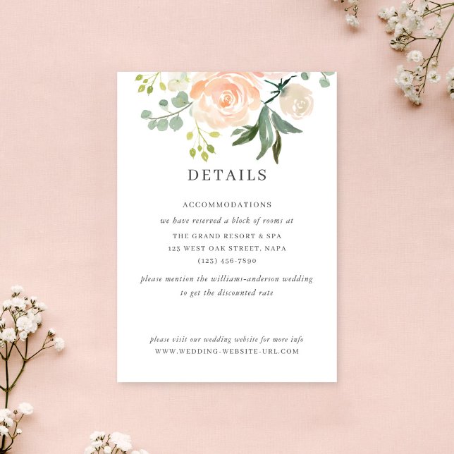 Soft Peach Floral Watercolor Wedding Details Info Begleitkarte (Von Creator hochgeladen)