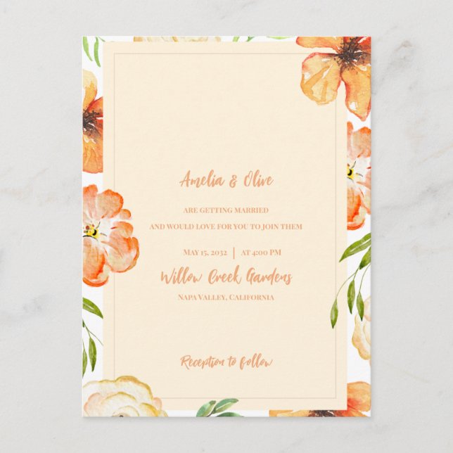 Soft Peach Garden Meadow Florals Wedding Einladungspostkarte (Vorderseite)