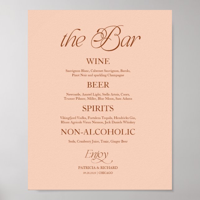 Soft Peach Minimalist "Die Bar" Hochzeitsmenü Schi Poster (Vorne)