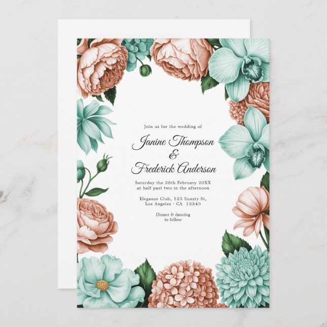 Soft Peach & Mint Watercolor Floral Wedding Einladung (Vorne/Hinten)