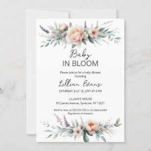 Soft Peach Peonies Baby in Bloom Baby Dusche Einladung