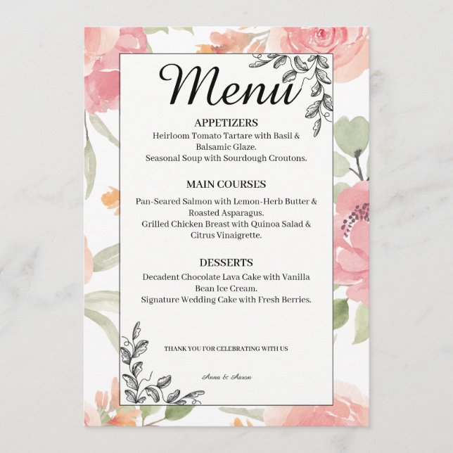 Soft Peach Spring Garden Wedding Menu Menükarte (Vorderseite)