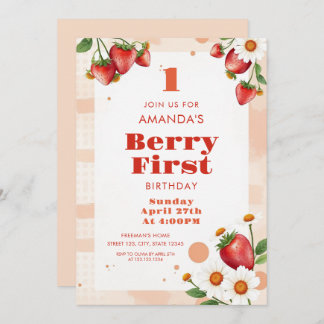 Soft Peach Tones Strawberries Daisy 1. Geburtstag Einladung