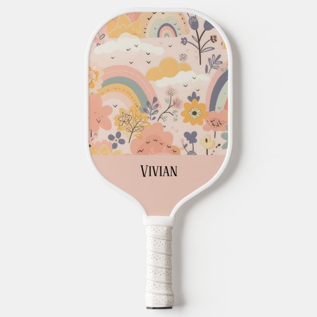Soft Peach Whimsy Boho Rainbow Floral Personalisie Pickleball Schläger (Vorderseite)