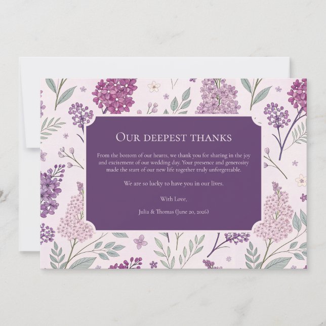 Soft Pink and Purple Lilac Floral Wedding  Dankeskarte (Vorderseite)
